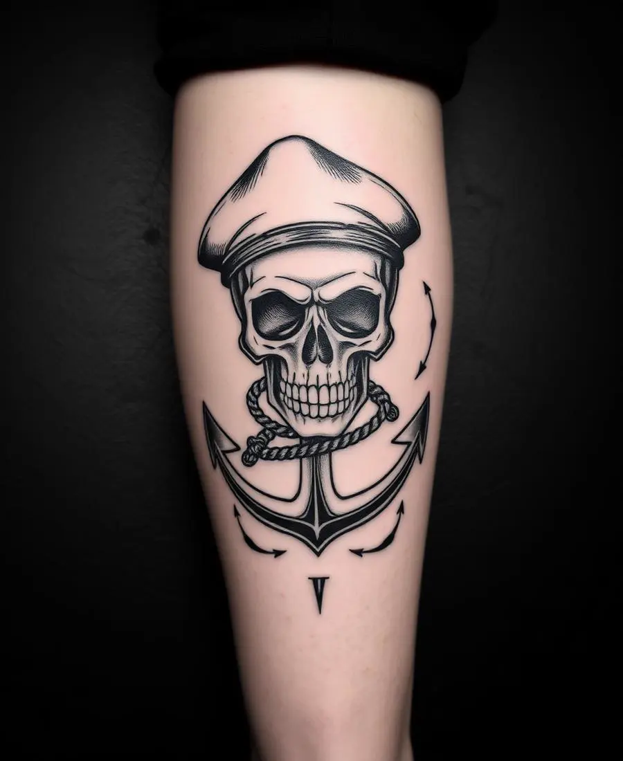 Tatouage Crâne de marin & ancre – Mollet
