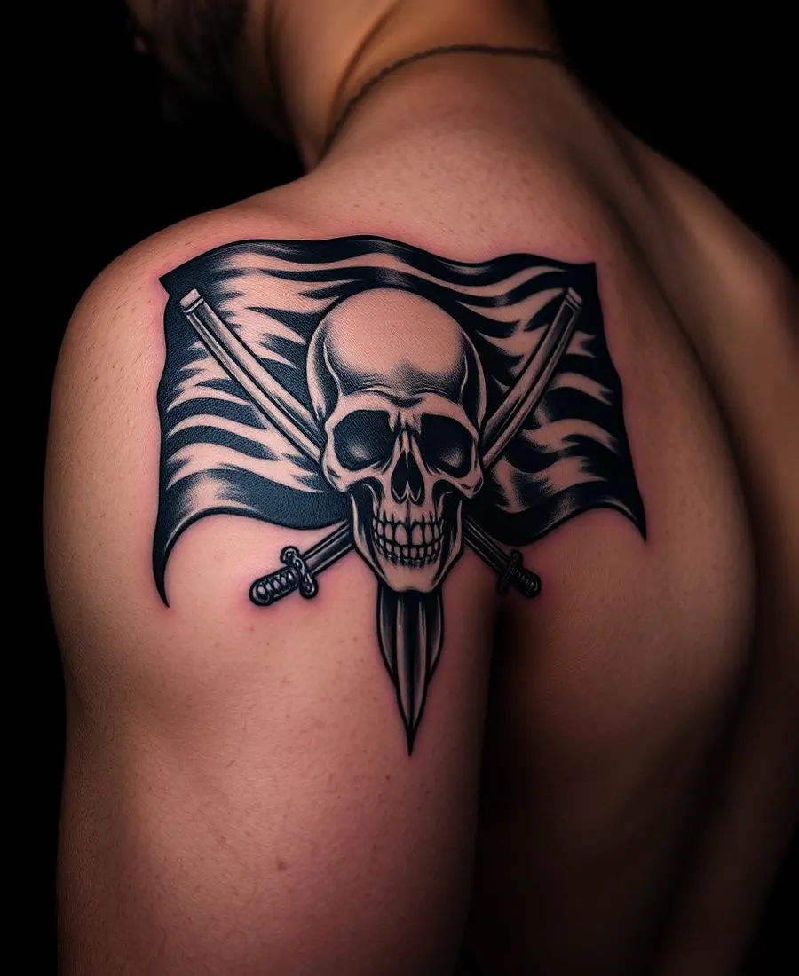 Tatouage Pavillon et sabres croisés – Épaule