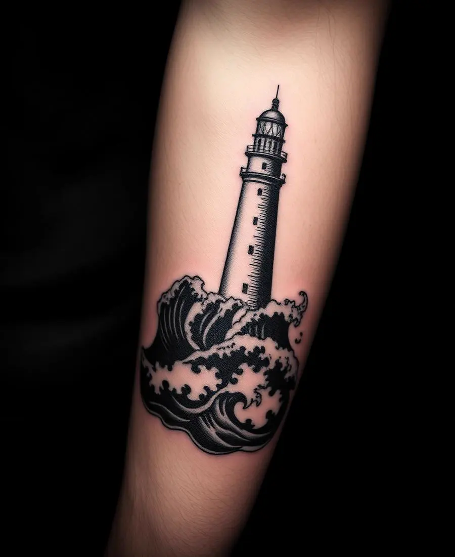Tatouage Phare dans la houle – Avant-bras